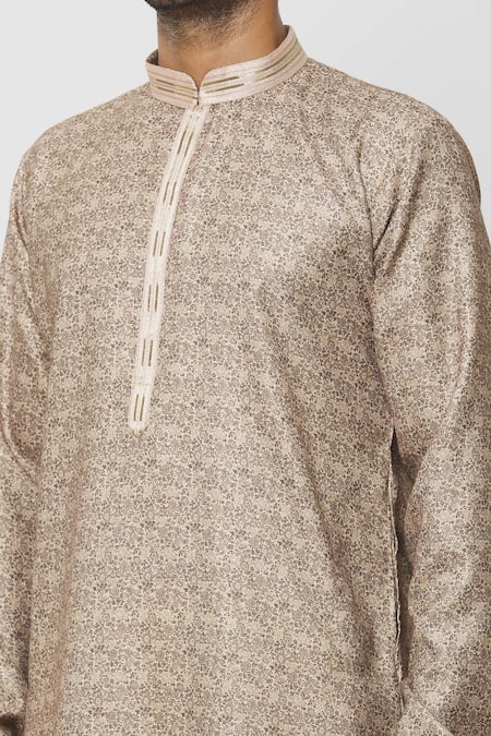 Shop_Arihant Rai Sinha_Brown Silk Baroque Fleur Print Kurta _Online_at_Aza_Fashions
