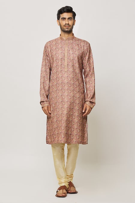Shop Arihant Rai Sinha Brown Silk Petunia Bloom Print Kurta Online at Aza Fashions Shop_Arihant Rai Sinha_Brown Silk Petunia Bloom Print Kurta _Online_at_Aza_Fashions