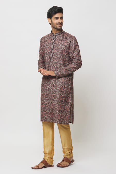 Arihant Rai Sinha_Brown Silk Embroidery Paisley Gardenia Print Kurta _Online_at_Aza_Fashions