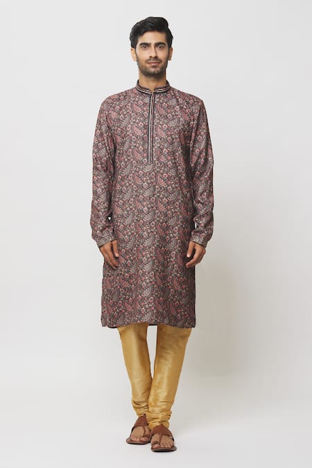Shop_Arihant Rai Sinha_Brown Silk Embroidery Paisley Gardenia Print Kurta _Online_at_Aza_Fashions