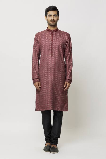 Arihant Rai Sinha Maroon Silk Embroidery Diamonty Motif Print Kurta Online at Aza Fashions Arihant Rai Sinha_Maroon Silk Embroidery Diamonty Motif Print Kurta _Online_at_Aza_Fashions