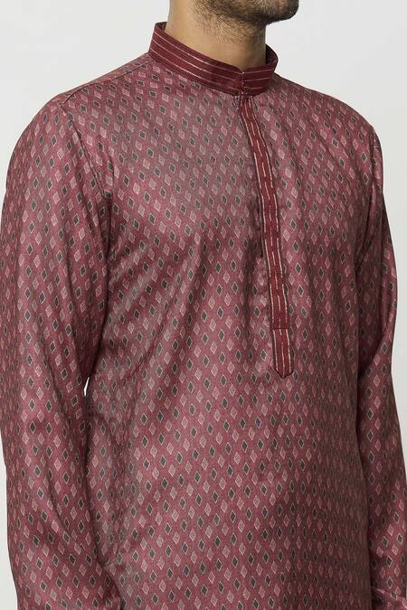Shop Arihant Rai Sinha Maroon Silk Embroidery Diamonty Motif Print Kurta Online at Aza Fashions Shop_Arihant Rai Sinha_Maroon Silk Embroidery Diamonty Motif Print Kurta _Online_at_Aza_Fashions