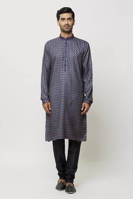 Arihant Rai Sinha_Blue Silk Diamondite Motif Print Kurta _Online_at_Aza_Fashions