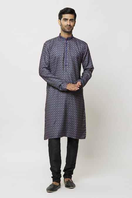 Buy_Arihant Rai Sinha_Blue Silk Diamondite Motif Print Kurta _Online_at_Aza_Fashions