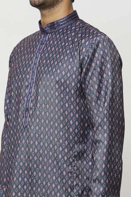 Shop_Arihant Rai Sinha_Blue Silk Diamondite Motif Print Kurta _Online_at_Aza_Fashions