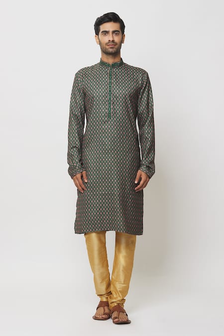Samyukta Singhania_Green Silk Diamond Jaal Print Kurta Set _Online_at_Aza_Fashions