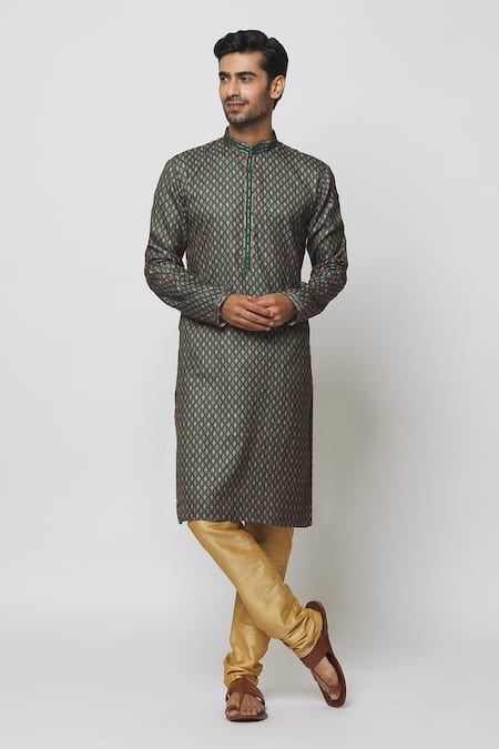 Buy_Samyukta Singhania_Green Silk Diamond Jaal Print Kurta Set _Online_at_Aza_Fashions