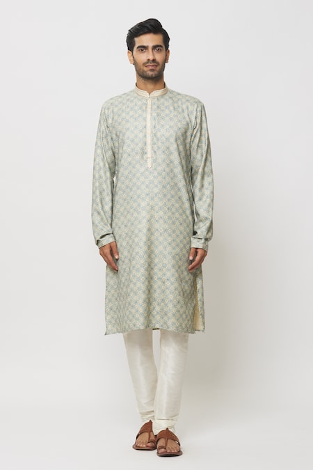 Arihant Rai Sinha Blue Silk Embroidery Poppy Jaal Print Kurta Set Online at Aza Fashions Arihant Rai Sinha_Blue Silk Embroidery Poppy Jaal Print Kurta Set _Online_at_Aza_Fashions
