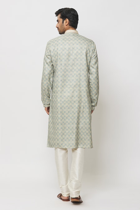 Shop Arihant Rai Sinha Blue Silk Embroidery Poppy Jaal Print Kurta Set at Aza Fashions Shop_Arihant Rai Sinha_Blue Silk Embroidery Poppy Jaal Print Kurta Set _at_Aza_Fashions