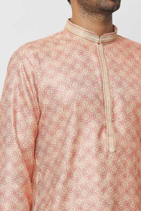Buy_Arihant Rai Sinha_Pink Silk Embroidery Arabesque Jaal Print Kurta _Online_at_Aza_Fashions