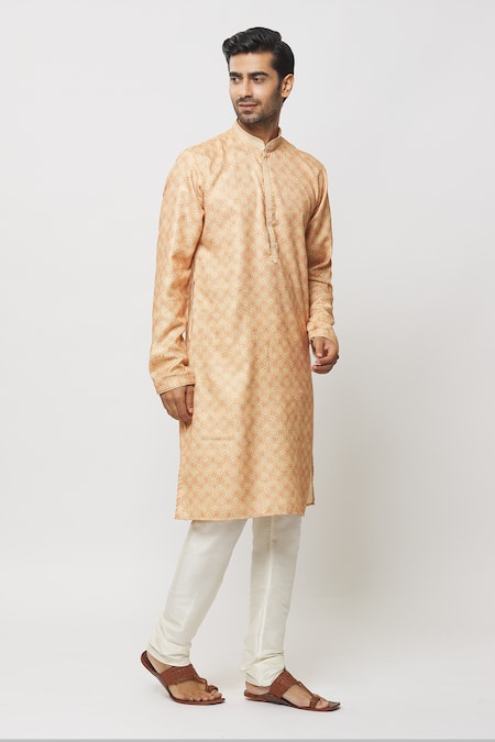 Arihant Rai Sinha_Peach Silk, Dupion Embroidery Fleur Jaal Print Kurta Set _Online_at_Aza_Fashions