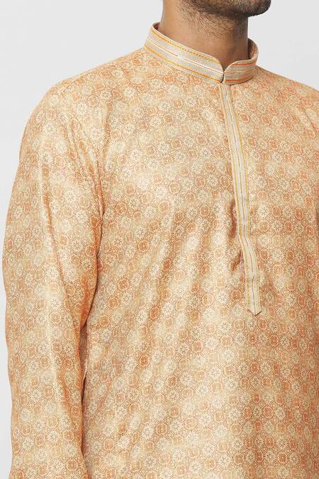 Buy_Arihant Rai Sinha_Peach Silk, Dupion Embroidery Fleur Jaal Print Kurta Set _Online_at_Aza_Fashions