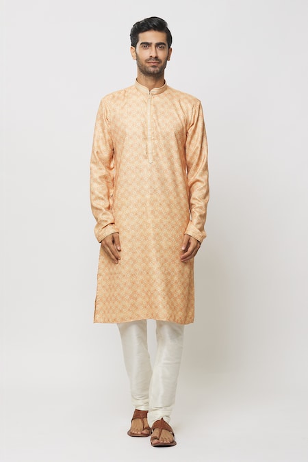 Arihant Rai Sinha_Peach Silk, Dupion Embroidery Fleur Jaal Print Kurta Set _at_Aza_Fashions