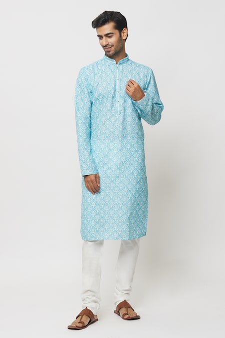 Arihant Rai Sinha Blue Kurta Cotton Printed Mughal Floral With Churidar For Kids