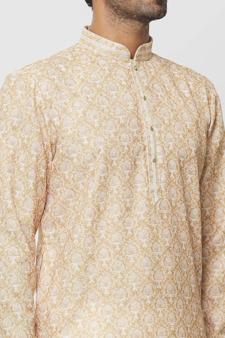Buy_Arihant Rai Sinha_Peach Cotton, Silk, Mughal Print Kurta With Churidar _Online_at_Aza_Fashions