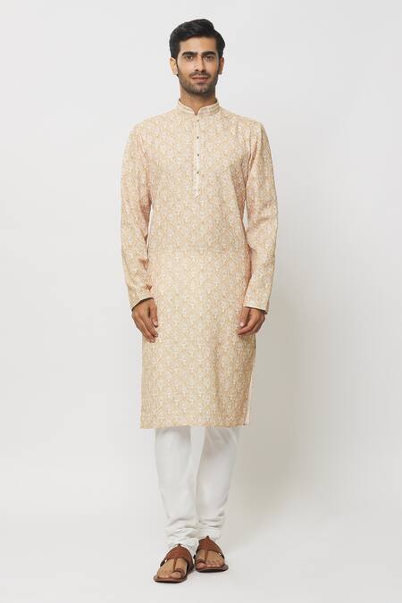 Arihant Rai Sinha_Peach Cotton, Silk, Mughal Print Kurta With Churidar _at_Aza_Fashions