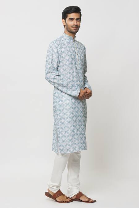 Arihant Rai Sinha_Blue Cotton, Silk, Chanderi Embroidery Lotus Blossom Print Kurta With Churidar_Online_at_Aza_Fashions