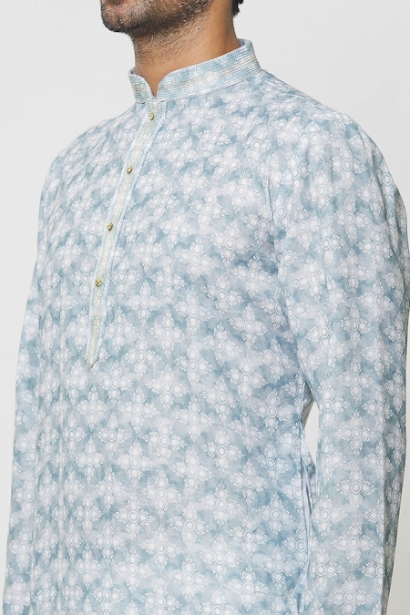 Buy_Arihant Rai Sinha_Blue Cotton, Silk, Chanderi Embroidery Lotus Blossom Print Kurta With Churidar_Online_at_Aza_Fashions