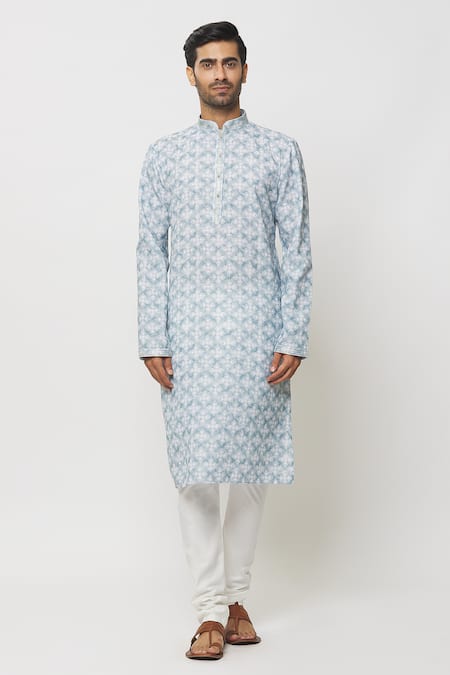 Arihant Rai Sinha_Blue Cotton, Silk, Chanderi Embroidery Lotus Blossom Print Kurta With Churidar_at_Aza_Fashions