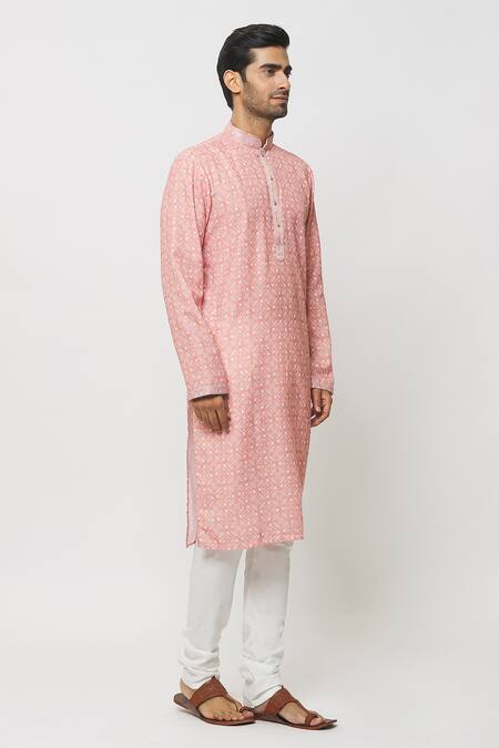 Arihant Rai Sinha_Pink Cotton, Chanderi Silk Embroidery Botanic Print Kurta With Churidar_Online_at_Aza_Fashions