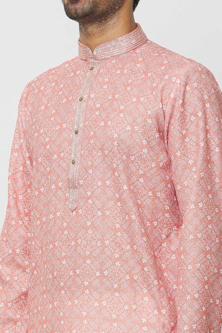 Buy_Arihant Rai Sinha_Pink Cotton, Chanderi Silk Embroidery Botanic Print Kurta With Churidar_Online_at_Aza_Fashions