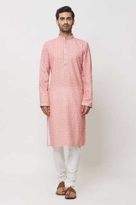 Arihant Rai Sinha_Pink Cotton, Chanderi Silk Embroidery Botanic Print Kurta With Churidar_at_Aza_Fashions