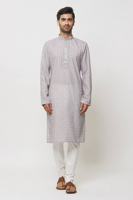 Petite Pomme Grey Cotton, Silk, Geometric Print Kurta With Churidar Online at Aza Fashions Petite Pomme_Grey Cotton, Silk, Geometric Print Kurta With Churidar_Online_at_Aza_Fashions