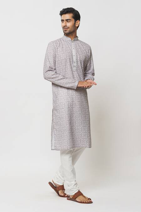 Buy Petite Pomme Grey Cotton, Silk, Geometric Print Kurta With Churidar Online at Aza Fashions Buy_Petite Pomme_Grey Cotton, Silk, Geometric Print Kurta With Churidar_Online_at_Aza_Fashions