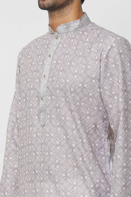 Shop Petite Pomme Grey Cotton, Silk, Geometric Print Kurta With Churidar Online at Aza Fashions Shop_Petite Pomme_Grey Cotton, Silk, Geometric Print Kurta With Churidar_Online_at_Aza_Fashions
