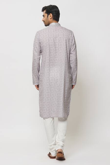Shop Petite Pomme Grey Cotton, Silk, Geometric Print Kurta With Churidar at Aza Fashions Shop_Petite Pomme_Grey Cotton, Silk, Geometric Print Kurta With Churidar_at_Aza_Fashions