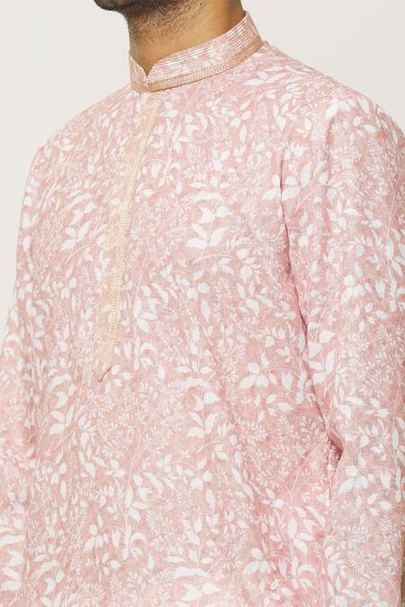 Arihant Rai Sinha_Pink Cotton, Chanderi Embroidery Forest Print Pastel Kurta With Churidar_Online_at_Aza_Fashions