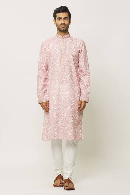 Shop_Arihant Rai Sinha_Pink Cotton, Chanderi Embroidery Forest Print Pastel Kurta With Churidar_Online_at_Aza_Fashions