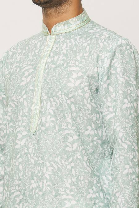 Arihant Rai Sinha_Blue Cotton, Silk, Embroidery Forest Print Kurta With Churidar_Online_at_Aza_Fashions