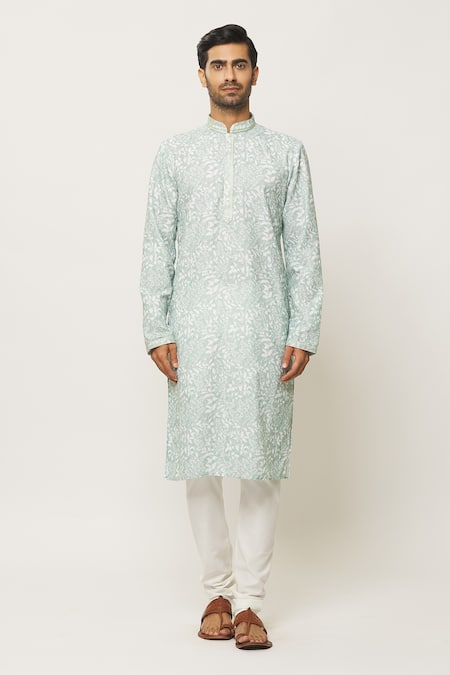 Shop_Arihant Rai Sinha_Blue Cotton, Silk, Embroidery Forest Print Kurta With Churidar_Online_at_Aza_Fashions