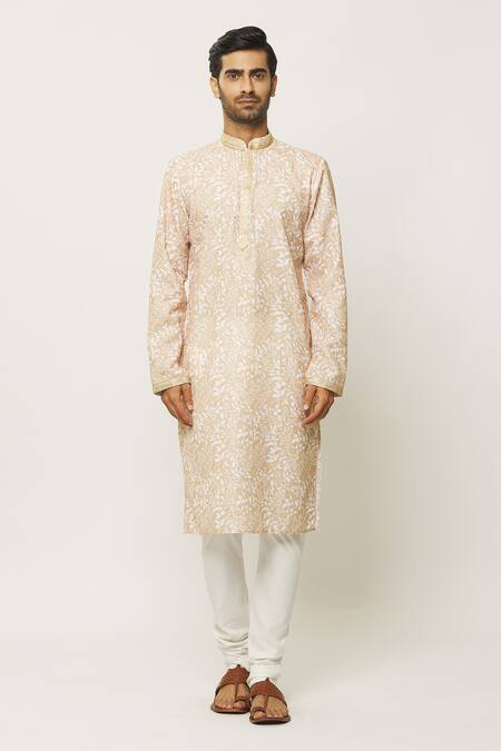Arihant Rai Sinha_Peach Cotton, Silk, Foliage Print Kurta With Churidar _Online_at_Aza_Fashions
