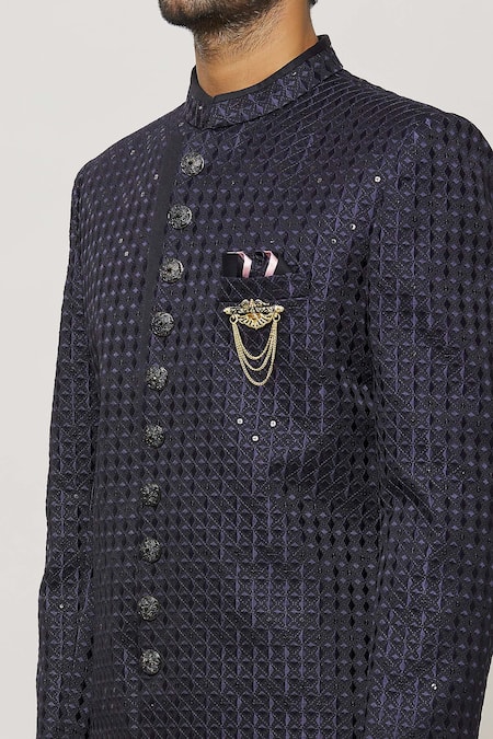Arihant Rai Sinha_Blue Denim, Satin Sequins, Embroidery Retro Bloom Motif Sherwani Set _Online_at_Aza_Fashions