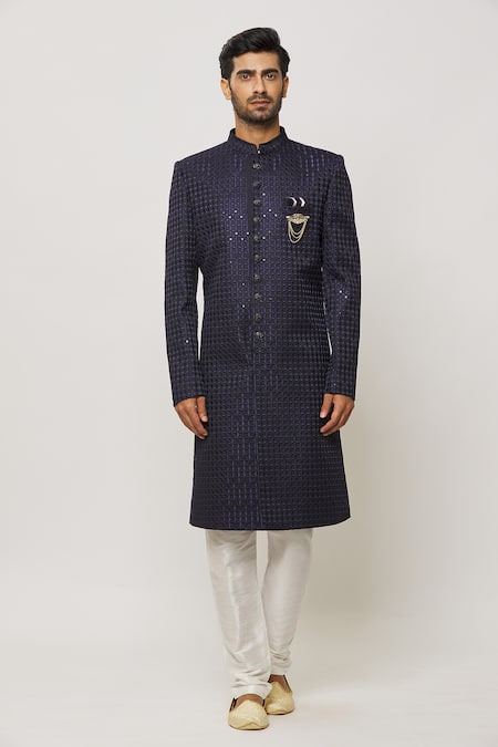 Shop_Arihant Rai Sinha_Blue Denim, Satin Sequins, Embroidery Retro Bloom Motif Sherwani Set _Online_at_Aza_Fashions