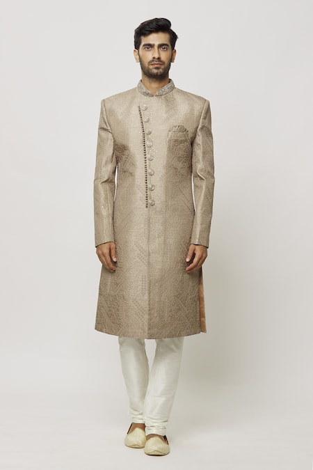 Arihant Rai Sinha Brown Silk, Faux Leather Sequins Boston Ivy Embroidered Sherwani Set Online at Aza Fashions Arihant Rai Sinha_Brown Silk, Faux Leather Sequins Boston Ivy Embroidered Sherwani Set _Online_at_Aza_Fashions