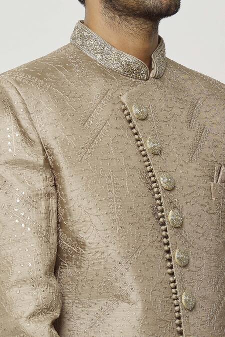 Shop Arihant Rai Sinha Brown Silk, Faux Leather Sequins Boston Ivy Embroidered Sherwani Set Online at Aza Fashions Shop_Arihant Rai Sinha_Brown Silk, Faux Leather Sequins Boston Ivy Embroidered Sherwani Set _Online_at_Aza_Fashions