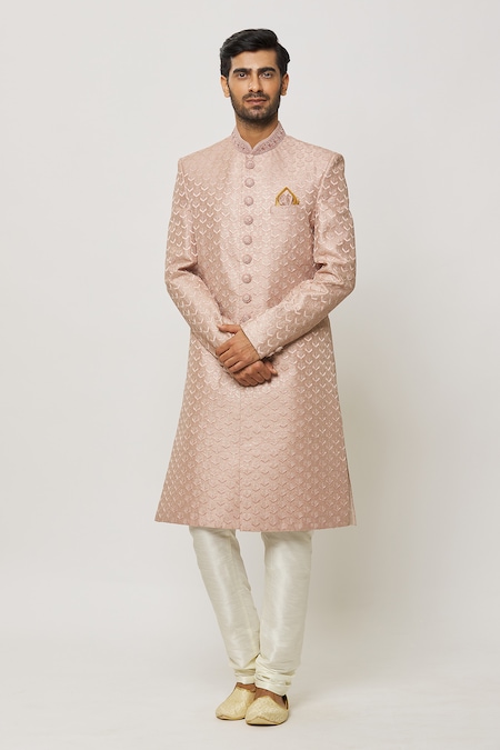 Aryavir Malhotra Pink Dupion Silk Embroidery Acanthus Diamonte Vintage Sherwani Set