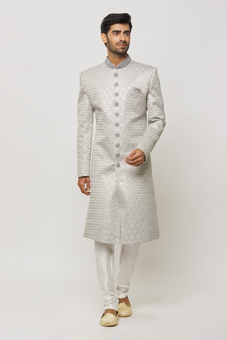 Aryavir Malhotra Grey Dupion Silk Embroidery Diamonte Motif Sherwani Set 