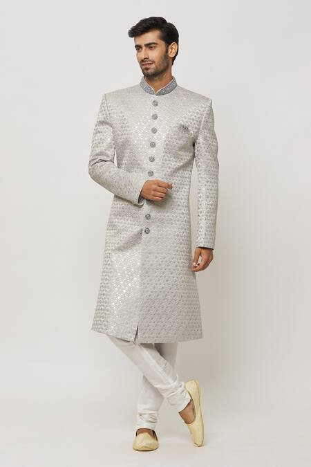 Arihant Rai Sinha Grey Silk, Cotton Diamonds Motif Art Embroidered Sherwani Set Online at Aza Fashions Arihant Rai Sinha_Grey Silk, Cotton Diamonds Motif Art Embroidered Sherwani Set _Online_at_Aza_Fashions