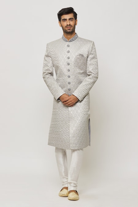 Buy Arihant Rai Sinha Grey Silk, Cotton Diamonds Motif Art Embroidered Sherwani Set Online at Aza Fashions Buy_Arihant Rai Sinha_Grey Silk, Cotton Diamonds Motif Art Embroidered Sherwani Set _Online_at_Aza_Fashions