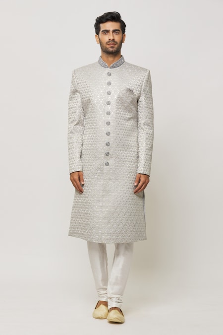 Arihant Rai Sinha Grey Silk, Cotton Diamonds Motif Art Embroidered Sherwani Set at Aza Fashions Arihant Rai Sinha_Grey Silk, Cotton Diamonds Motif Art Embroidered Sherwani Set _at_Aza_Fashions