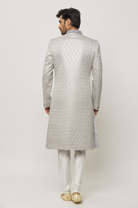 Shop Arihant Rai Sinha Grey Silk, Cotton Diamonds Motif Art Embroidered Sherwani Set at Aza Fashions Shop_Arihant Rai Sinha_Grey Silk, Cotton Diamonds Motif Art Embroidered Sherwani Set _at_Aza_Fashions