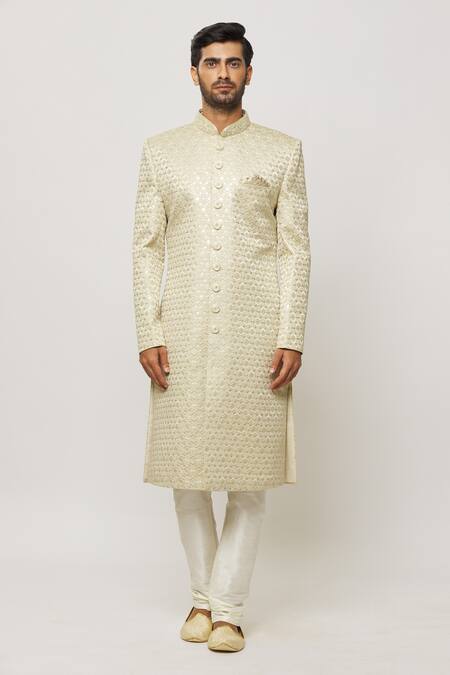 Arihant Rai Sinha Beige Silk, Faux Leather Sequins Diamonte Art Embroidered Sherwani Set Online at Aza Fashions Arihant Rai Sinha_Beige Silk, Faux Leather Sequins Diamonte Art Embroidered Sherwani Set _Online_at_Aza_Fashions
