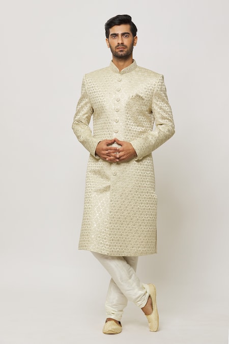 Buy Arihant Rai Sinha Beige Silk, Faux Leather Sequins Diamonte Art Embroidered Sherwani Set Online at Aza Fashions Buy_Arihant Rai Sinha_Beige Silk, Faux Leather Sequins Diamonte Art Embroidered Sherwani Set _Online_at_Aza_Fashions