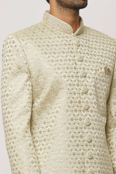 Shop Arihant Rai Sinha Beige Silk, Faux Leather Sequins Diamonte Art Embroidered Sherwani Set Online at Aza Fashions Shop_Arihant Rai Sinha_Beige Silk, Faux Leather Sequins Diamonte Art Embroidered Sherwani Set _Online_at_Aza_Fashions