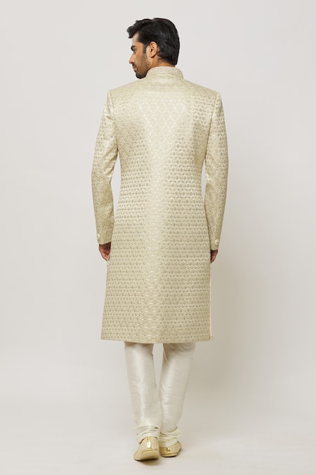 Shop Arihant Rai Sinha Beige Silk, Faux Leather Sequins Diamonte Art Embroidered Sherwani Set at Aza Fashions Shop_Arihant Rai Sinha_Beige Silk, Faux Leather Sequins Diamonte Art Embroidered Sherwani Set _at_Aza_Fashions
