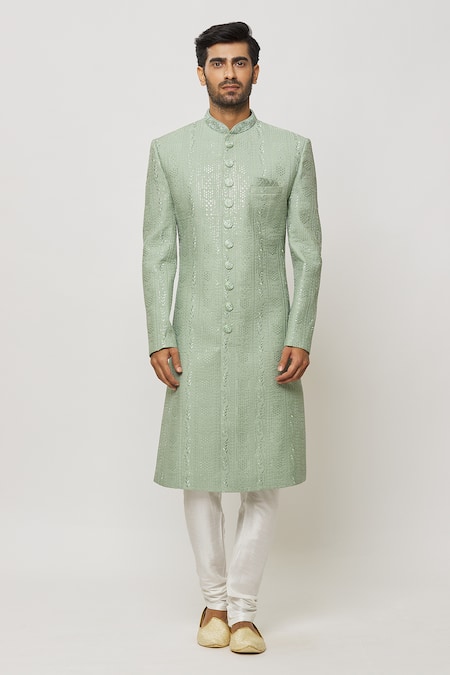 Shop_Arihant Rai Sinha_Green Silk, Faux Leather Sequins Canna Bloom Embroidered Sherwani Set _Online_at_Aza_Fashions